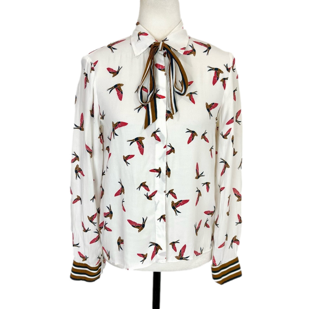 Zara white bird blouse with tie